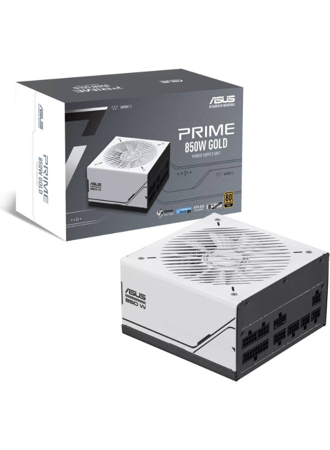 أسوس مزود طاقة برايم AP-850G 850 واط 80+ ذهبية بالكامل، ATX 3.1، جاهز لوحدة معالجة الرسوميات PCIe 5.1 (16 دبوس)، مزدوج CPU EPS، مروحة مزدوجة تحمل كرات 120 مم، أسود وأبيض | 90YE00U0-B0NA00 - Image 1