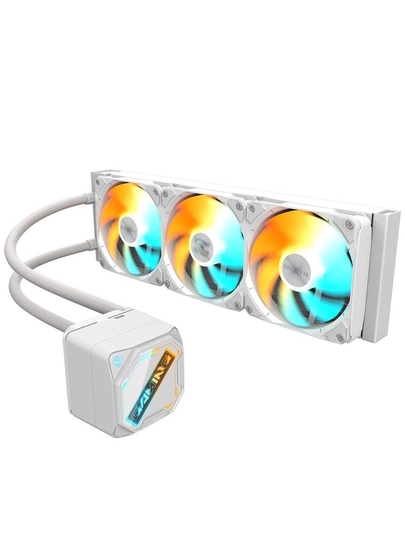 GIGABYTE GAMING 360 ICE ARGB AIO Liquid Cooler – 360mm Radiator, 3x 120mm ARGB Fans, Magnetic Top Cover, Teflon Sleeved Tubes, 500–2200 RPM, 61.61 CFM, Intel LGA 1700/1200/1851 & AMD AM5/AM4, 300W TDP, RGB Fusion 2.0 | GP-GIGABYTE GME 360I - Image 2