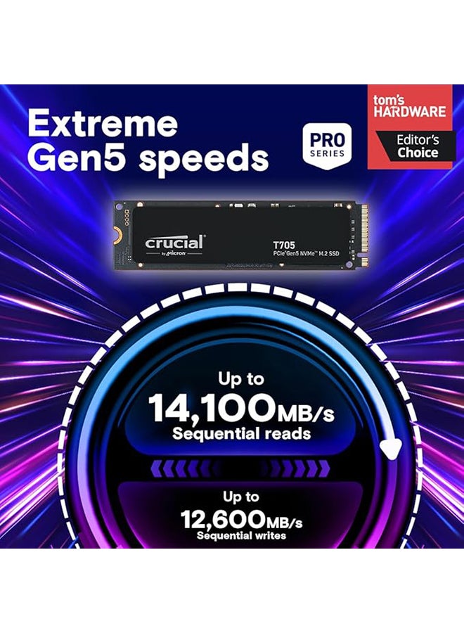 crucial T705 4TB M.2 NVMe SSD – PCIe Gen5 x4, Up to 14,100MB/s Read, 12,600MB/s Write, NVMe 2.0, 3D NAND, Heatsink Optional, M.2 2280 Form Factor, 3000TBW Endurance, High-Performance Internal Solid State Drive for Gaming, Content Creation & Workstations | CT4000T705SSD3 4 TB  - Image 2
