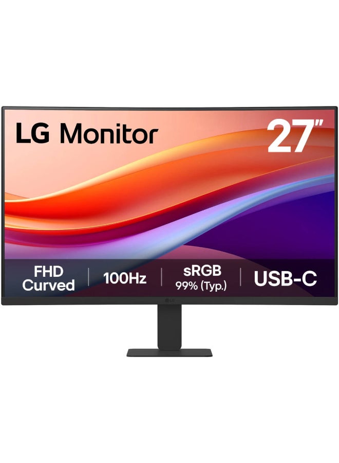LG 27U421A 27″ Curved FHD Monitor, 1920x1080 VA Panel, 100Hz Refresh Rate, 5ms Response, HDR10, sRGB 99%, USB-C 15W PD, HDMI, 3-Side Borderless, Tilt Adjustable, Eye-Care Technology, Black | 27U421A‑B Black - Image 1