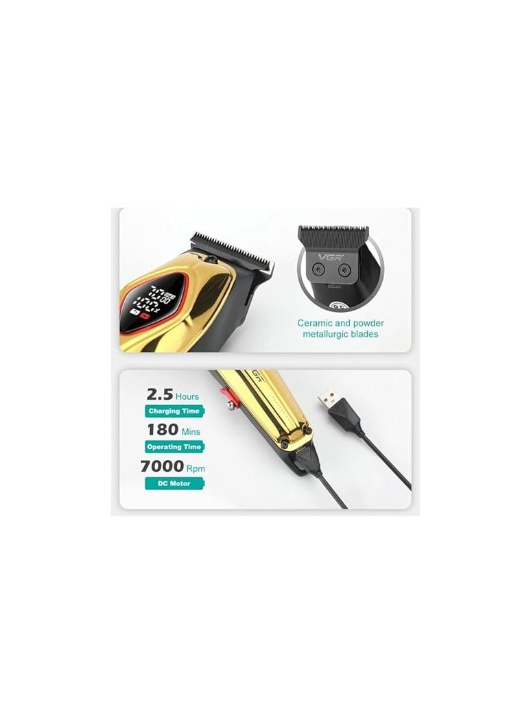 VGR V-945 Professional Metal Body Digital Display 7000RPM Ceramic And Powder Metallurgic blade Pro Li Outliner Electric Cordless Clipper Grooming Kit T-Blade Close Cutting 0mm Bald Head 180 min, GOLD 10x15Fluid Ounce  - Image 3
