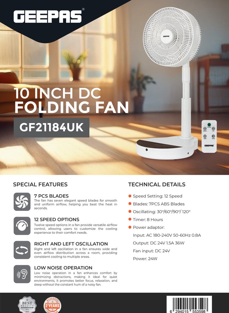جيباس 10" DC Folding Fan- GF21184UK/ with 7 Leaf ABS Blades for Strong Wind and 12 Speed Levels/ Right and Left Oscillation, Low Noise Operation/ Ideal for Home, Office, Apartment/ 2 Years Warranty, White 24 W GF21184UK white  - Image 5