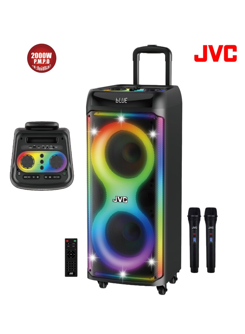 JVC Portable Trolley Party Speaker 2000W PMPO with Dual 10" Speakers, 2 Wireless Microphones, Bluetooth, FM Radio, USB/AUX Input, 8000mAh Battery XS-N5214PB black  - Image 1