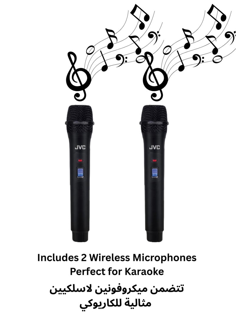 JVC Portable Trolley Party Speaker 2000W PMPO with Dual 10" Speakers, 2 Wireless Microphones, Bluetooth, FM Radio, USB/AUX Input, 8000mAh Battery XS-N5214PB black  - Image 5