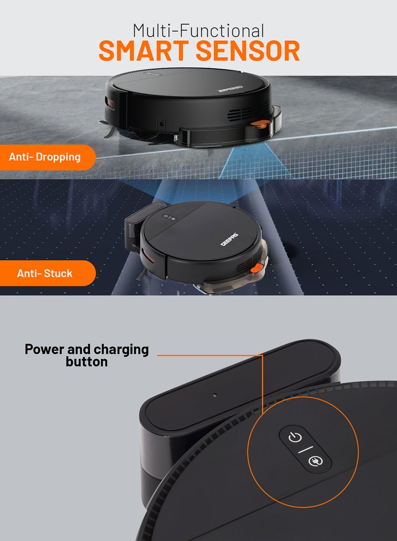 Robotic Vacuum Cleaner with Smart Navigation, 4 Cleaning Modes, Remote Control, Auto Recharge, Anti-Drop Sensors & External Water Tank 12 W GRVC19056 Black