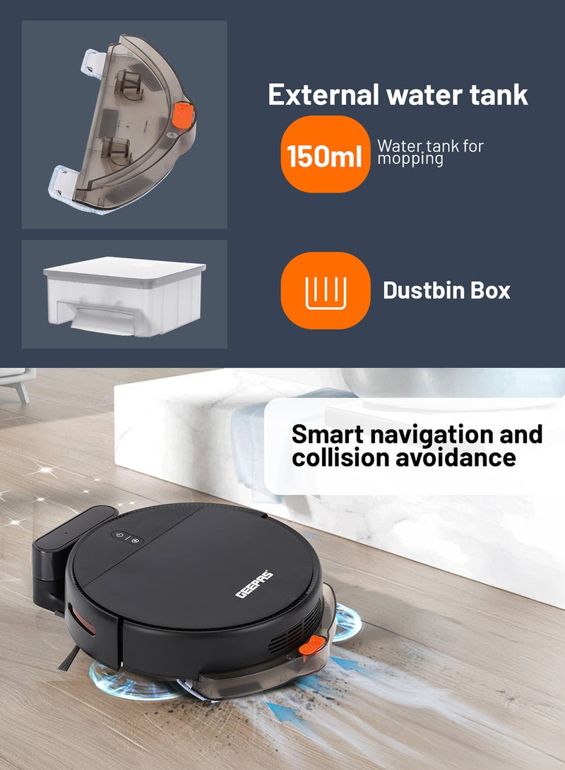 Robotic Vacuum Cleaner with Smart Navigation, 4 Cleaning Modes, Remote Control, Auto Recharge, Anti-Drop Sensors & External Water Tank 12 W GRVC19056 Black