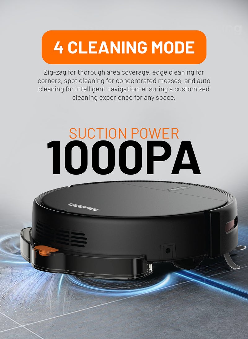 Robotic Vacuum Cleaner with Smart Navigation, 4 Cleaning Modes, Remote Control, Auto Recharge, Anti-Drop Sensors & External Water Tank 12 W GRVC19056 Black