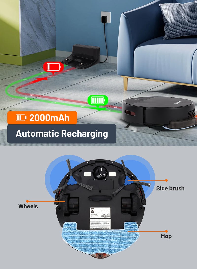 Robotic Vacuum Cleaner with Smart Navigation, 4 Cleaning Modes, Remote Control, Auto Recharge, Anti-Drop Sensors & External Water Tank 12 W GRVC19056 Black
