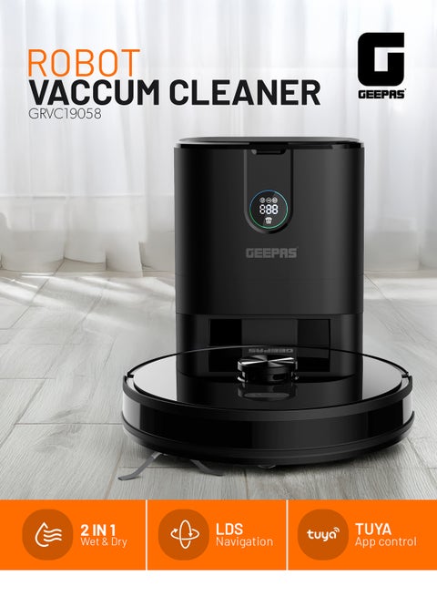 2 In 1 Wet & Dry Robot Vacuum Cleaner | LDS Navigation, TUYA App Control | 4 Cleaning Modes 2600 mAh Battery & Auto Recharge | 4 Anti Drop Sensors, Remote Control, Brushless Motor | GRVC19058 19 W GRVC19058 black