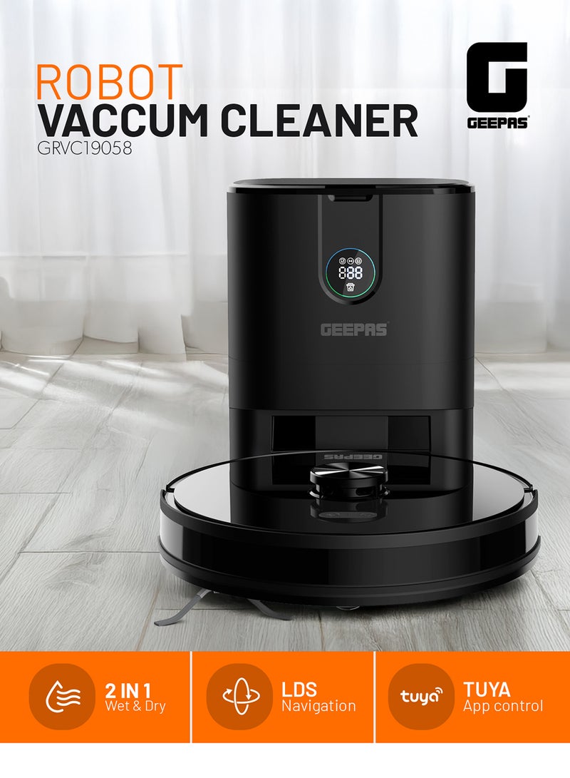 2 In 1 Wet & Dry Robot Vacuum Cleaner | LDS Navigation, TUYA App Control | 4 Cleaning Modes 2600 mAh Battery & Auto Recharge | 4 Anti Drop Sensors, Remote Control, Brushless Motor | GRVC19058 19 W GRVC19058 black