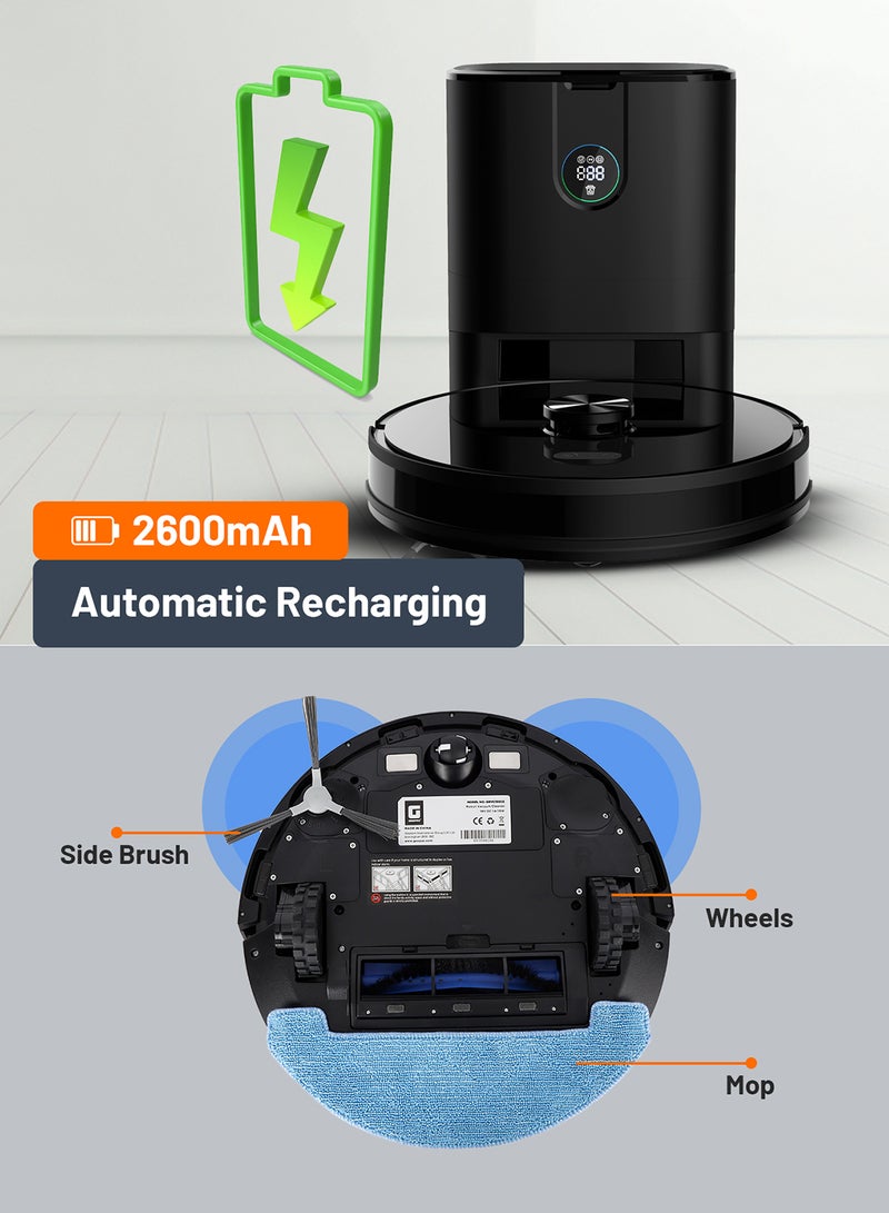 2 In 1 Wet & Dry Robot Vacuum Cleaner | LDS Navigation, TUYA App Control | 4 Cleaning Modes 2600 mAh Battery & Auto Recharge | 4 Anti Drop Sensors, Remote Control, Brushless Motor | GRVC19058 19 W GRVC19058 black