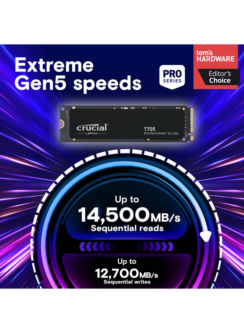 كروشيال T705 2TB PCIe Gen5 NVMe M.2 2280 SSD, Up to 14,500MB/s Read, 12,700MB/s Write, 1.8M IOPS, 232-Layer 3D TLC NAND, PCIe 5.0 x4, No Heatsink – High-Performance Internal SSD for Gaming, Content Creation, Intel 13th/14th Gen & AMD Ryzen 7000 Compatible | CT2000T705SSD3 2 TB  - Image 2