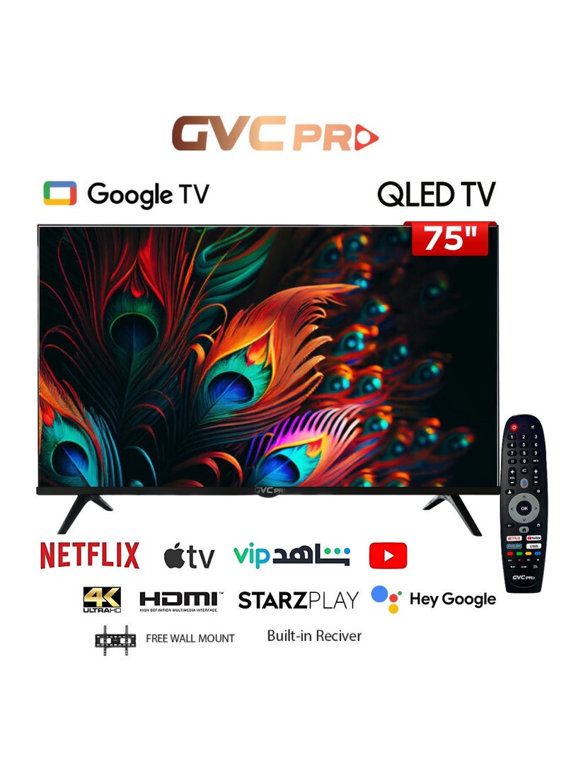 gvc pro 75 Inch QLED Google TV Smart TV 4K with Built‑in Receiver, Free Wall Mount and Smart Remote Control, 4K UHD Screen Resolution, HDMI & USB Ports, Wi‑Fi Connectivity, Netflix YouTube Shahid and More Supported Apps GVC-75GOG903 black  - Image 1