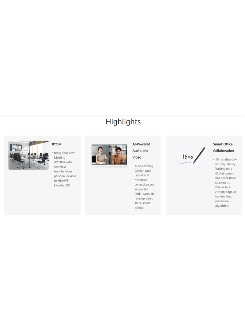HUAWEI IdeaHub B3 IHB3-65SA 65-Inch 4K UHD Interactive Smart Display – 8GB RAM, 64GB Storage, HarmonyOS, 4K AI Camera, 20-Point Touch, Wi-Fi 6, Dual Speakers, HDMI/USB Ports, Wall Mount – Ideal for Offices & Classrooms Black  - Image 5