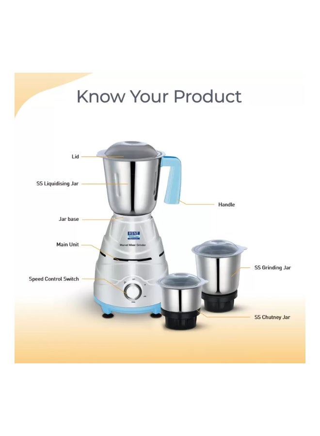 KENT INDIAN Marvel Mixer Grinder – 550W | 3 Stainless Steel Jars | 3-Speed Control with Pulse | Overheat & Overcurrent Protection | Compact & Durable 1.5 L 550 W 116102 Sky Blue  - Image 2