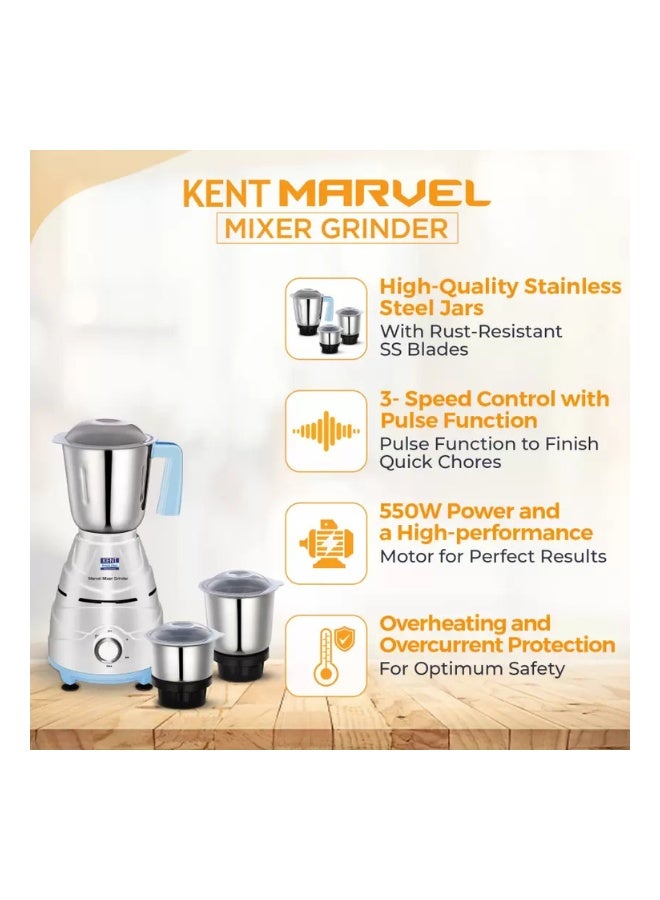 KENT INDIAN Marvel Mixer Grinder – 550W | 3 Stainless Steel Jars | 3-Speed Control with Pulse | Overheat & Overcurrent Protection | Compact & Durable 1.5 L 550 W 116102 Sky Blue  - Image 3