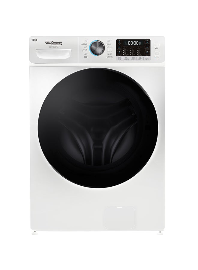 سوبر جنرال 18 Kg Front Load Washing Machine, 1000 RPM, Inverter Motor, 12 Washing Programs, Steam Function, Autosensing 18 kg SGW18400INV White 