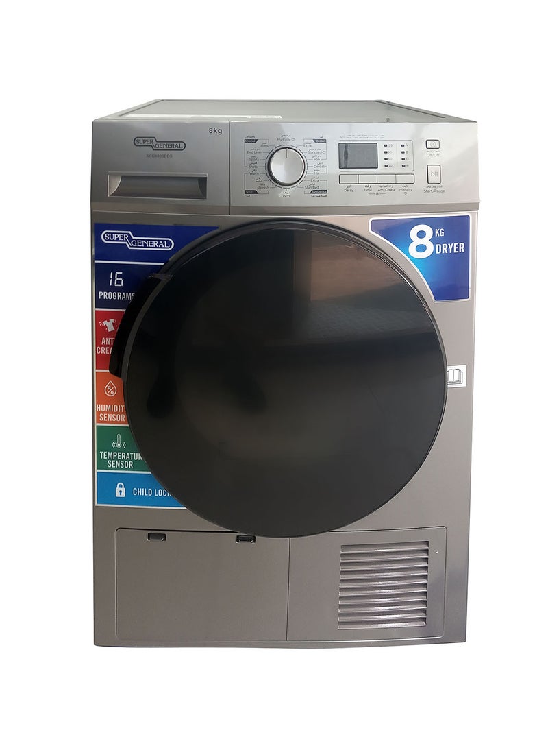 SUPER GENERAL Front Load Dryer, 8 Kg, 16 Washing Programs, Anti-crease Function, Humidity Sensor, Child Lock 8 kg SGD8800DDS Inox  - Image 1