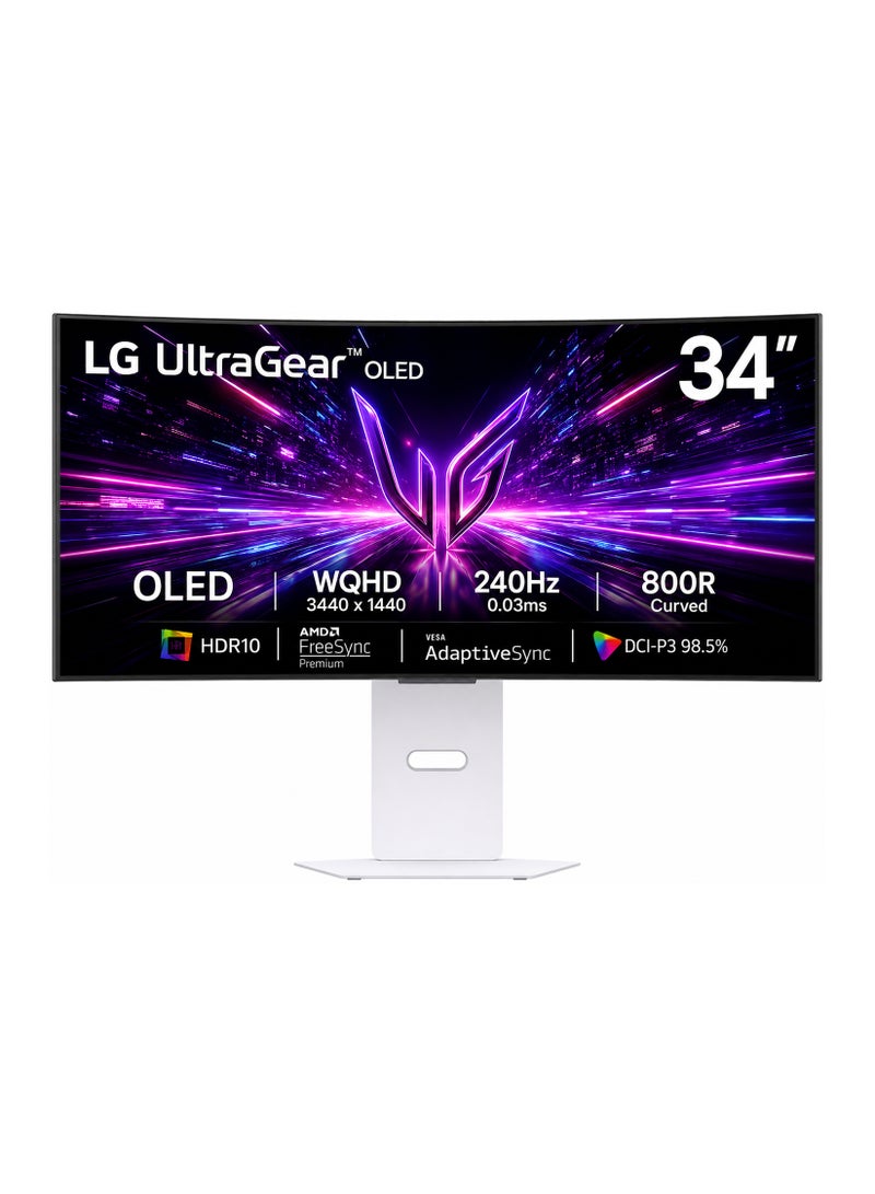 إل جي شاشة الألعاب المنحنية OLED UltraGear GX9s بحجم 34 بوصة – دقة WQHD (3440x1440) مع شاشة 800R، معدل تحديث 240Hz، زمن استجابة 0.03ms، AMD FreeSync Premium، VESA AdaptiveSync، HDR10، تغطية ألوان DCI-P3 بنسبة 98.5% 34GX90SA-W - Image 1
