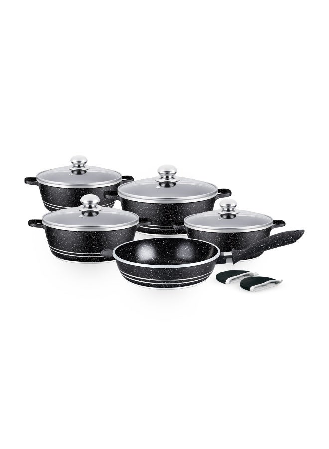 Royalford 11-Piece Die-Cast Cookware Set Ceramic Coated With 4 mm Base Thickness Extended Handles And Glass Lid Black