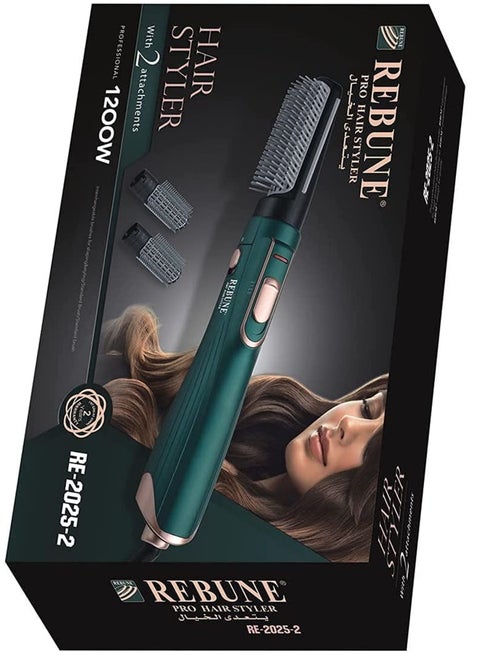 1200W Hair Dryer Brush 3-In-1 Hot Air Styler RE-2025-2 Green Straightening & Curling Fast Heating Hair Styler with 2 Brushes Green/Gold