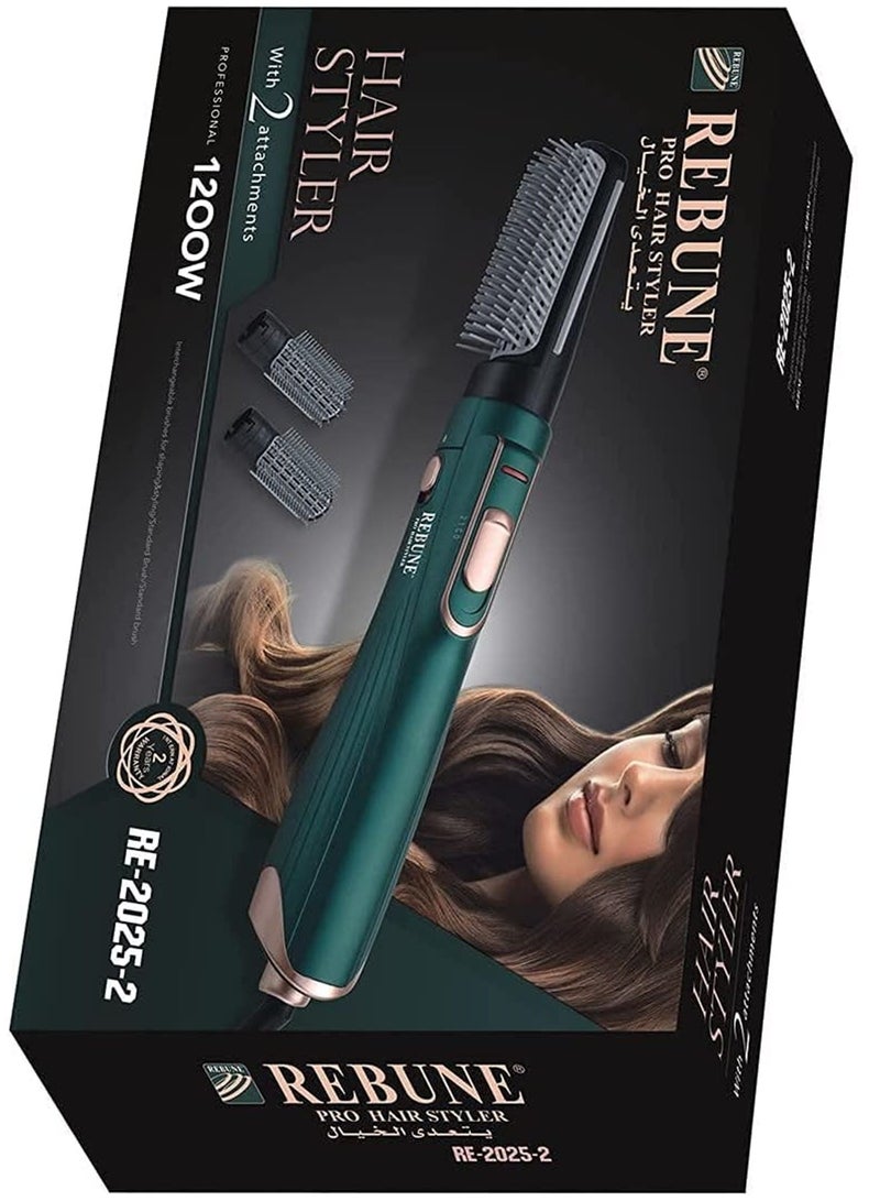 REBUNE 1200W Hair Dryer Brush 3-In-1 Hot Air Styler RE-2025-2 Green Straightening & Curling Fast Heating Hair Styler with 2 Brushes Green/Gold  - Image 1