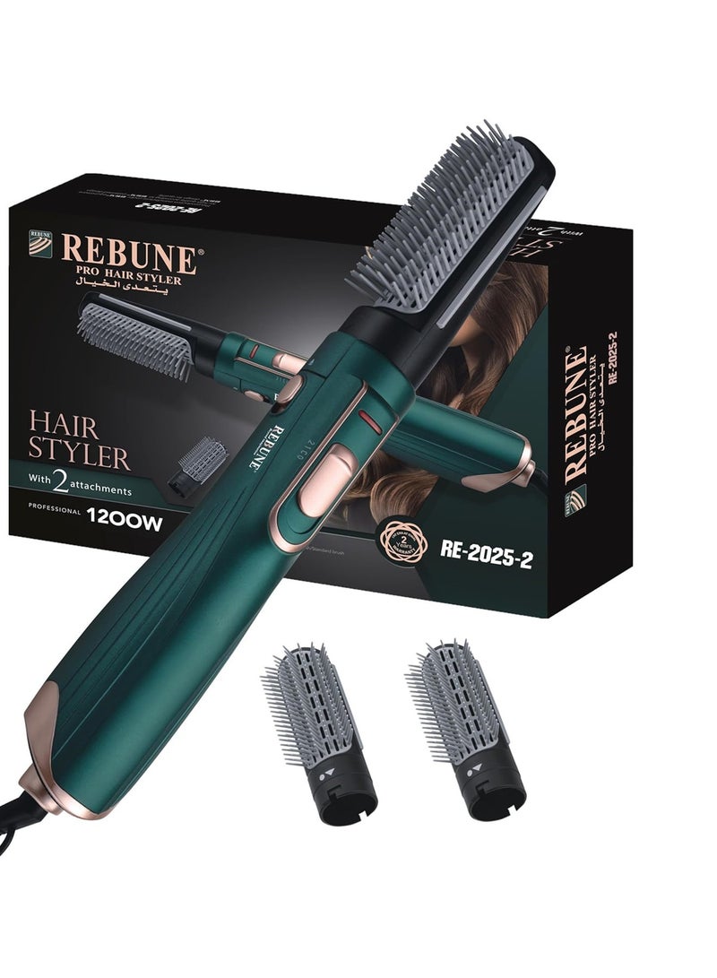 1200W Hair Dryer Brush 3-In-1 Hot Air Styler RE-2025-2 Green Straightening & Curling Fast Heating Hair Styler with 2 Brushes Green/Gold