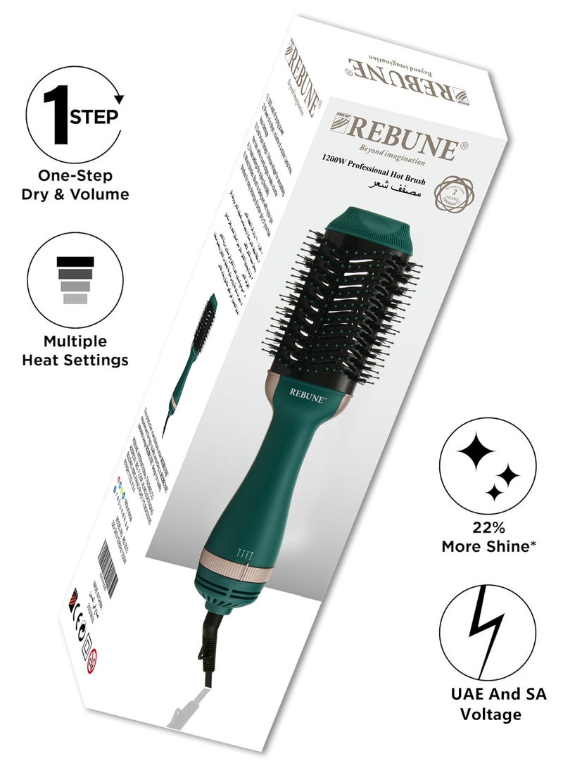 REBUNE Original 3-In-1 Hair Styler 1200W One-Step Volumizer Hair Dryer and Hot Air Brush RE-2513 Green/Gold - Image 3