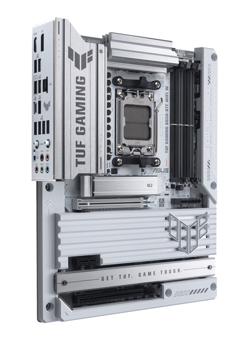 أسوس TUF Gaming B850-BTF WiFi W ATX Motherboard, AMD Socket AM5, Supports Ryzen 7000 Series, BTF Hidden Connector Design, DDR5 8000+ MT/s, PCIe 5.0 x16 & M.2, WiFi 7, 2.5Gb LAN, USB-C 20Gbps, 14+2+1 Power Stages, ALC1220P Audio, Aura Sync RGB, BIOS FlashBack, Q-Release, Front & Rear USB-C, White | 90MB1KW0-M0EAY0  - Image 4