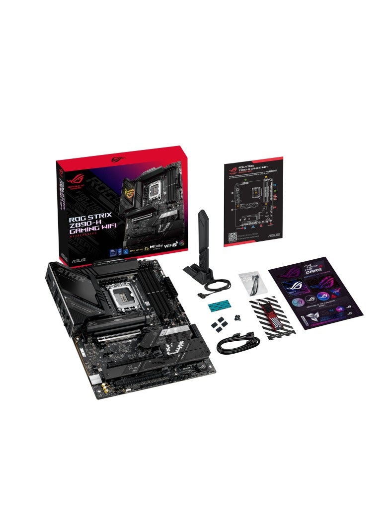 أسوس ROG Strix Z890-H Gaming WiFi ATX Motherboard – LGA 1851 Socket, Intel Core Ultra Series 2 Ready, 16+2+1+2 Power Stages, DDR5 up to 256GB 9066MT/s, PCIe 5.0 M.2, WiFi 7, 5Gb Ethernet, USB 20Gbps Type-C, HDMI 2.1 & DP 1.4, AI Overclocking & Cooling, Aura Sync RGB, BIOS FlashBack, Realtek ALC1220P Audio, Black | 90MB1K20-M0EAY0  - Image 1