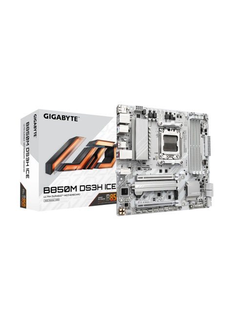 B850M DS3H ICE m-ATX AM5 Motherboard, AMD B850 Chipset, 4x DDR5 DIMM Slots, Supports Up to DDR5 256GB 8200MHz OC, PCIe 5.0 x16, 2x M.2 (1x Gen5), 4x SATA, USB 3.2 Gen2 Type-C, 2.5GbE LAN, HDMI/DP, 7.1 Audio, White | B850M-DS3H-ICE