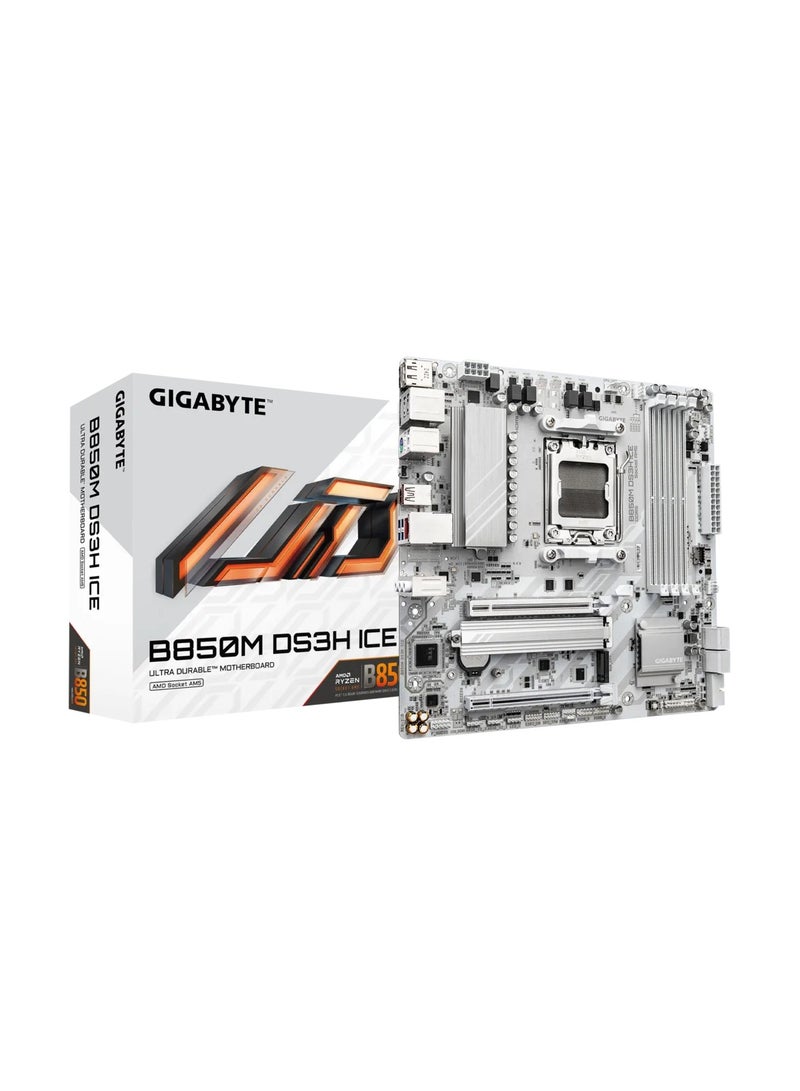 جيجابايت B850M DS3H ICE m-ATX AM5 Motherboard, AMD B850 Chipset, 4x DDR5 DIMM Slots, Supports Up to DDR5 256GB 8200MHz OC, PCIe 5.0 x16, 2x M.2 (1x Gen5), 4x SATA, USB 3.2 Gen2 Type-C, 2.5GbE LAN, HDMI/DP, 7.1 Audio, White | B850M-DS3H-ICE  - Image 1