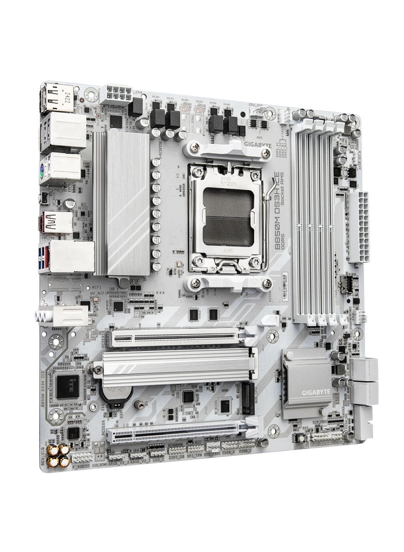 جيجابايت B850M DS3H ICE m-ATX AM5 Motherboard, AMD B850 Chipset, 4x DDR5 DIMM Slots, Supports Up to DDR5 256GB 8200MHz OC, PCIe 5.0 x16, 2x M.2 (1x Gen5), 4x SATA, USB 3.2 Gen2 Type-C, 2.5GbE LAN, HDMI/DP, 7.1 Audio, White | B850M-DS3H-ICE  - Image 3