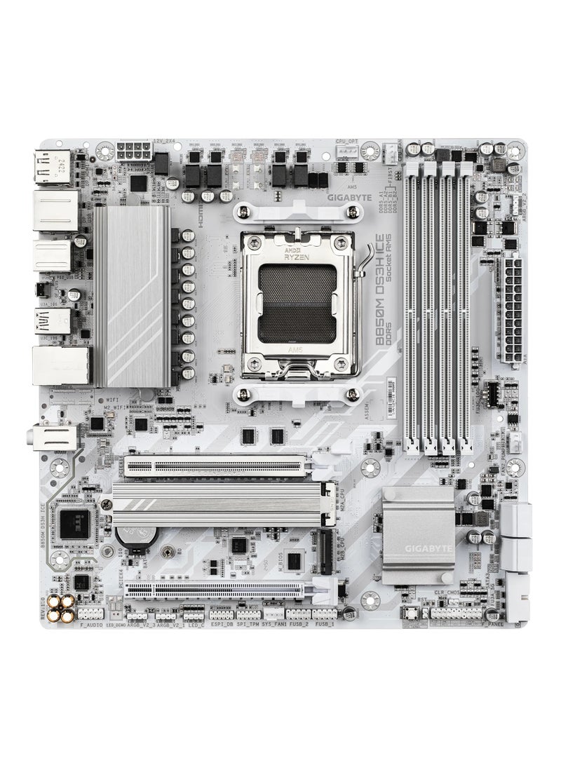 جيجابايت B850M DS3H ICE m-ATX AM5 Motherboard, AMD B850 Chipset, 4x DDR5 DIMM Slots, Supports Up to DDR5 256GB 8200MHz OC, PCIe 5.0 x16, 2x M.2 (1x Gen5), 4x SATA, USB 3.2 Gen2 Type-C, 2.5GbE LAN, HDMI/DP, 7.1 Audio, White | B850M-DS3H-ICE  - Image 2