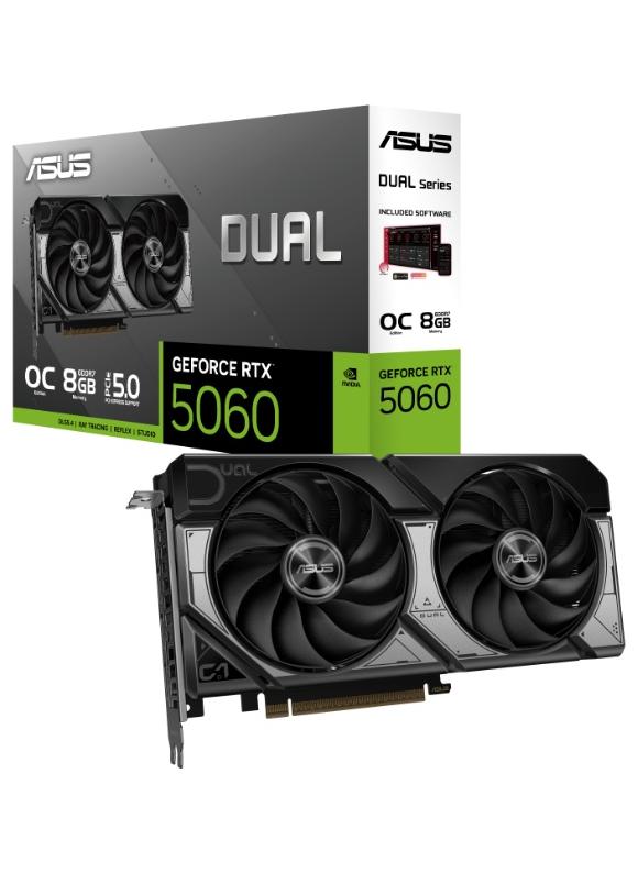 ASUS Dual GeForce RTX 5060 O8G Graphics Card, 8GB GDDR7, PCIe 5.0, OC Edition, 2565MHz Boost Clock, Dual Axial-Tech Fans, 2.5-Slot Design, HDMI 2.1, 3x DisplayPort 2.1, DLSS 4, Ray Tracing, Dual BIOS, VR-Ready, Auto-Extreme Build, 8-Pin Power, Black | 90YV0N12-M0NA00 - Image 1