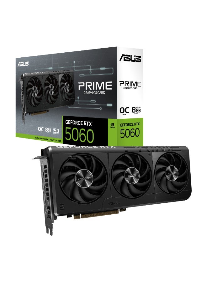 أسوس Prime GeForce RTX 5060 OC 8GB GDDR7 Graphics Card, Blackwell, 3840 CUDA Cores, 2595 MHz Boost, PCIe 4.0, Triple Fan, Dual BIOS, DLSS 4, Ray Tracing, HDMI 2.1b, 3x DP 2.1b, 2.5-Slot, 8-Pin Power, Black | 90YV0N10-M0NA00  - Image 1