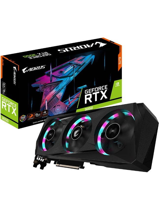 GIGABYTE AORUS GeForce RTX 3050 ELITE 8GB GDDR6 128-bit PCIe 4.0 Graphics Card, 2560 CUDA Cores, 1.86 GHz Boost Clock, WINDFORCE 3X Cooling with Triple 80mm Fans, 2x DisplayPort 1.4a & 2x HDMI 2.1, 8K Resolution Support, RGB Fusion 2.0, 8-Pin + 6-Pin Power, Black | GV-N3050AORUS E-8GD  - Image 1