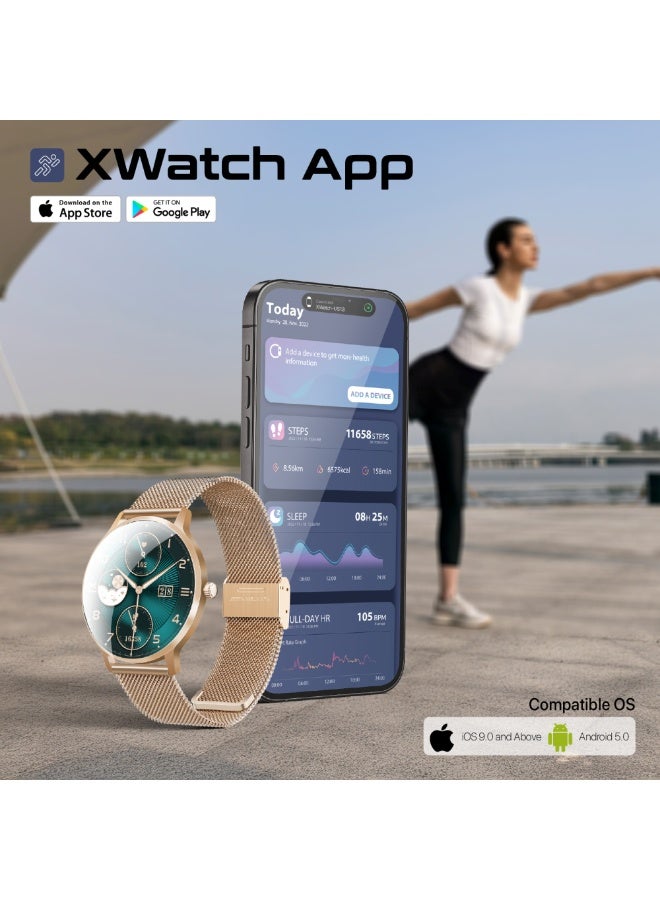 200 mAh Smartwatch with Round 1.32"AMOLED Display, 3D Spherical Curved Glass, 100+Sports Modes, Heart Rate Sensor, Blood Pressure, Oxygen Monitor, Bluetooth Calling, IP68 Water Resistance, XWatch-US13 gold
