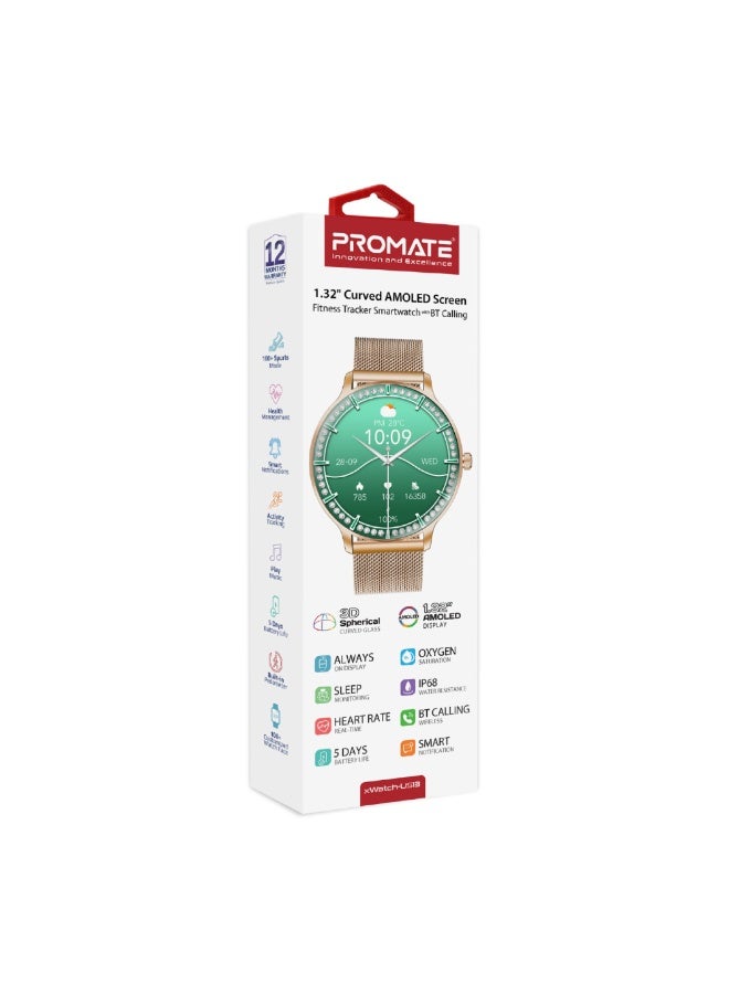 200 mAh Smartwatch with Round 1.32"AMOLED Display, 3D Spherical Curved Glass, 100+Sports Modes, Heart Rate Sensor, Blood Pressure, Oxygen Monitor, Bluetooth Calling, IP68 Water Resistance, XWatch-US13 gold