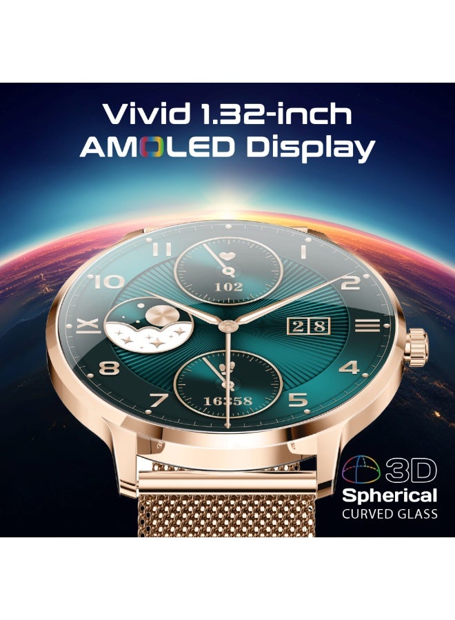 200 mAh Smartwatch with Round 1.32"AMOLED Display, 3D Spherical Curved Glass, 100+Sports Modes, Heart Rate Sensor, Blood Pressure, Oxygen Monitor, Bluetooth Calling, IP68 Water Resistance, XWatch-US13 gold