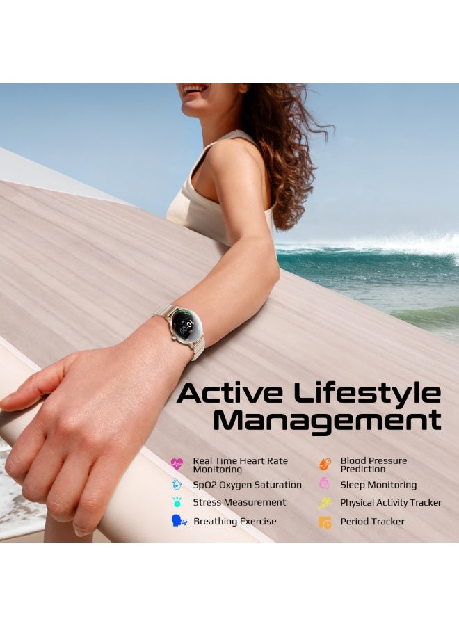 200 mAh Smartwatch with Round 1.32"AMOLED Display, 3D Spherical Curved Glass, 100+Sports Modes, Heart Rate Sensor, Blood Pressure, Oxygen Monitor, Bluetooth Calling, IP68 Water Resistance, XWatch-US13 gold