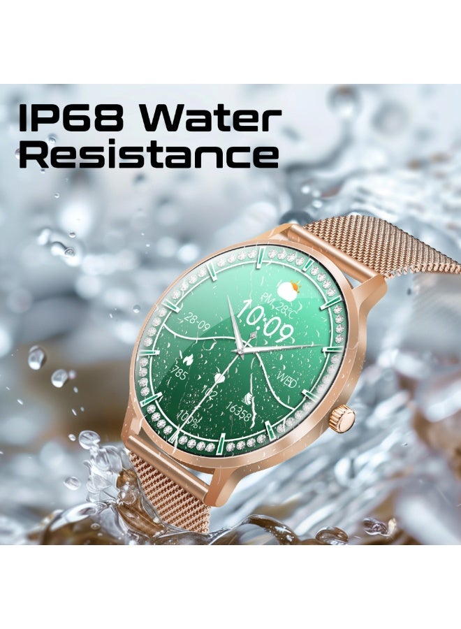 200 mAh Smartwatch with Round 1.32"AMOLED Display, 3D Spherical Curved Glass, 100+Sports Modes, Heart Rate Sensor, Blood Pressure, Oxygen Monitor, Bluetooth Calling, IP68 Water Resistance, XWatch-US13 gold
