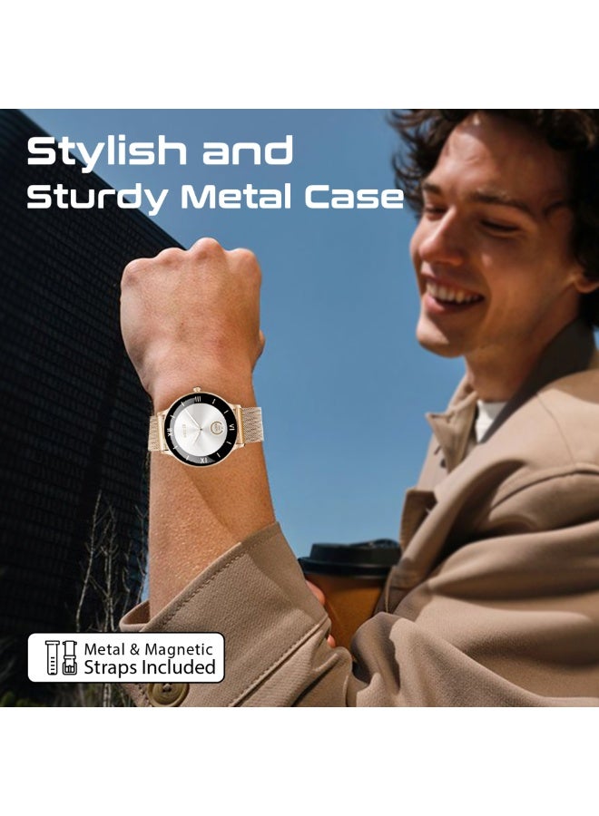 200 mAh Smartwatch with Round 1.32"AMOLED Display, 3D Spherical Curved Glass, 100+Sports Modes, Heart Rate Sensor, Blood Pressure, Oxygen Monitor, Bluetooth Calling, IP68 Water Resistance, XWatch-US13 gold