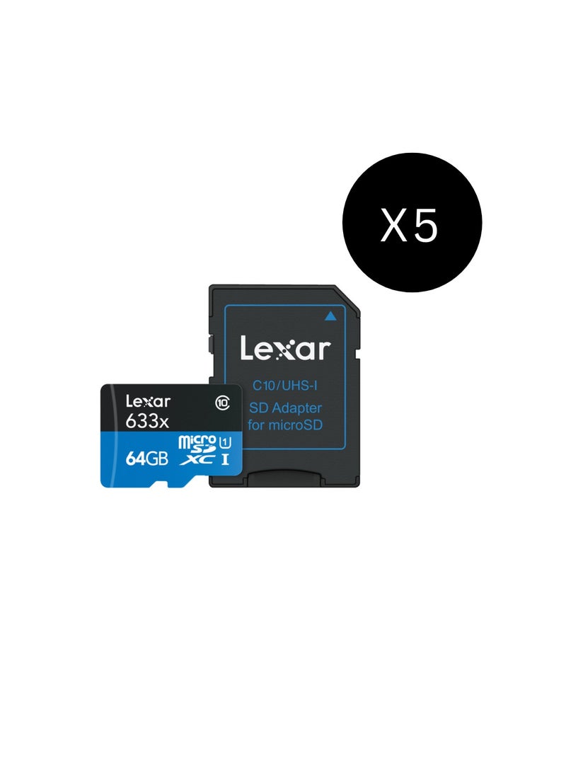 Lexar Bundle Of 5 High-Performance 633x microSDHC/microSDXC UHS-I Cards - 64 GB