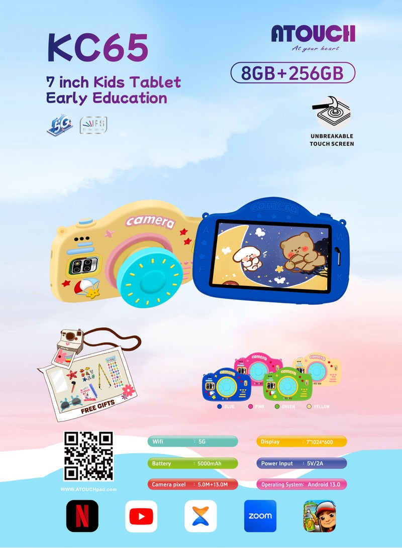 ATOUCH KC65 7-inch Kids Tablet – 5G Wi-Fi 8GB RAM 256GB ROM IPS Touch Screen Dual Sim Network Silicone Case with Popup Stand & Handbag Blue - Image 4