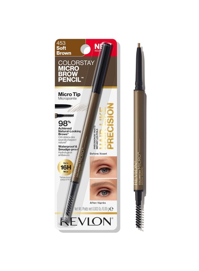 ريفلون Revlon ColorStay Micro Eyebrow Pencil with Built In Spoolie Brush, Infused with Argan and Marula Oil, Waterproof, Smudgeproof, 453 Soft Brown, 0.003 oz Soft Brown - Image 1