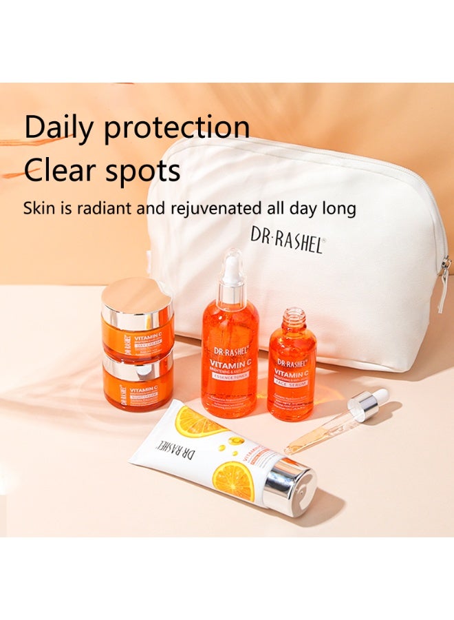 Vitamin C Skin Care Pouch – 5 Pcs Set, Face Cream, Serum, Day Cream, Night Cream, Cleanser And Toner Brightening, Anti-Aging, Hydrating Skincare Kit for Glowing Skin CMkg