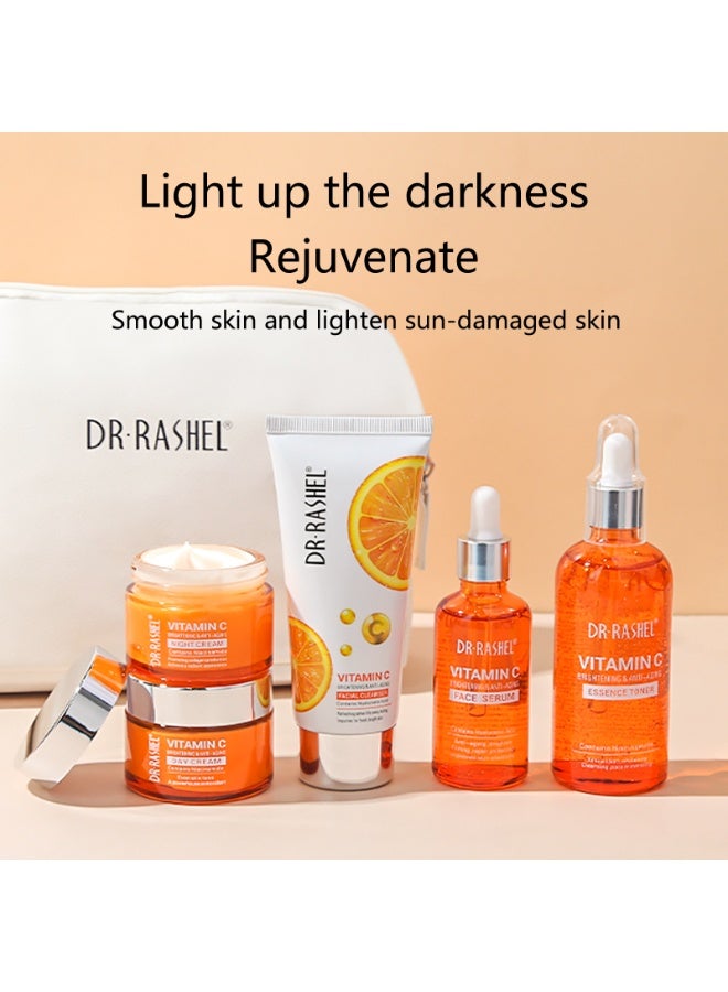 DR. RASHEL Vitamin C Skin Care Pouch – 5 Pcs Set, Face Cream, Serum, Day Cream, Night Cream, Cleanser And Toner Brightening, Anti-Aging, Hydrating Skincare Kit for Glowing Skin CMkg  - Image 5