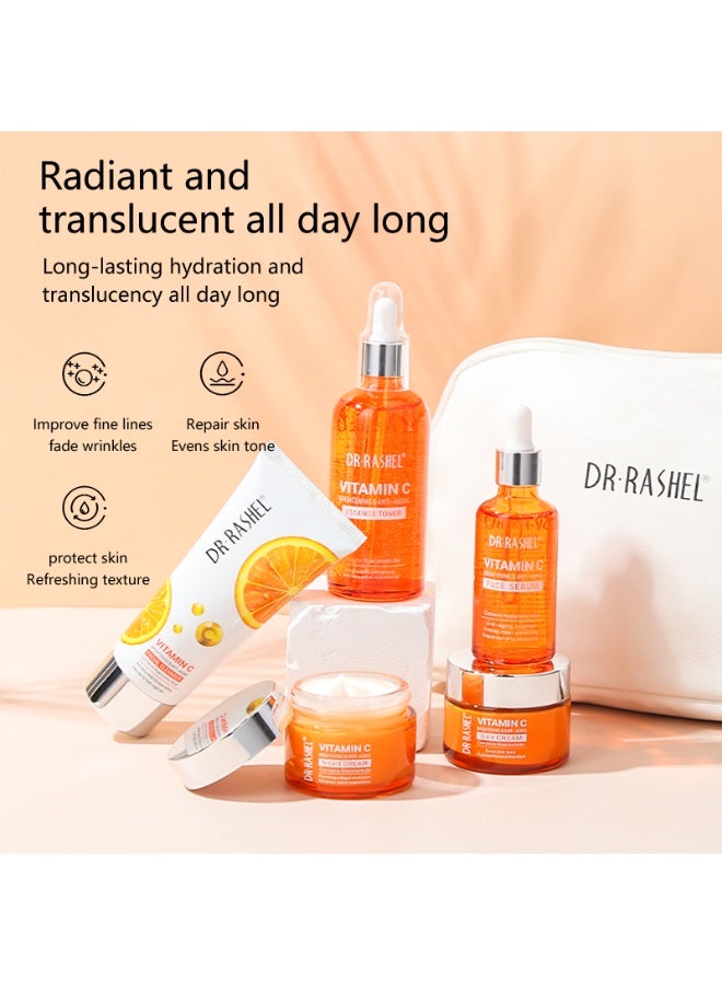 DR. RASHEL Vitamin C Skin Care Pouch – 5 Pcs Set, Face Cream, Serum, Day Cream, Night Cream, Cleanser And Toner Brightening, Anti-Aging, Hydrating Skincare Kit for Glowing Skin CMkg  - Image 4