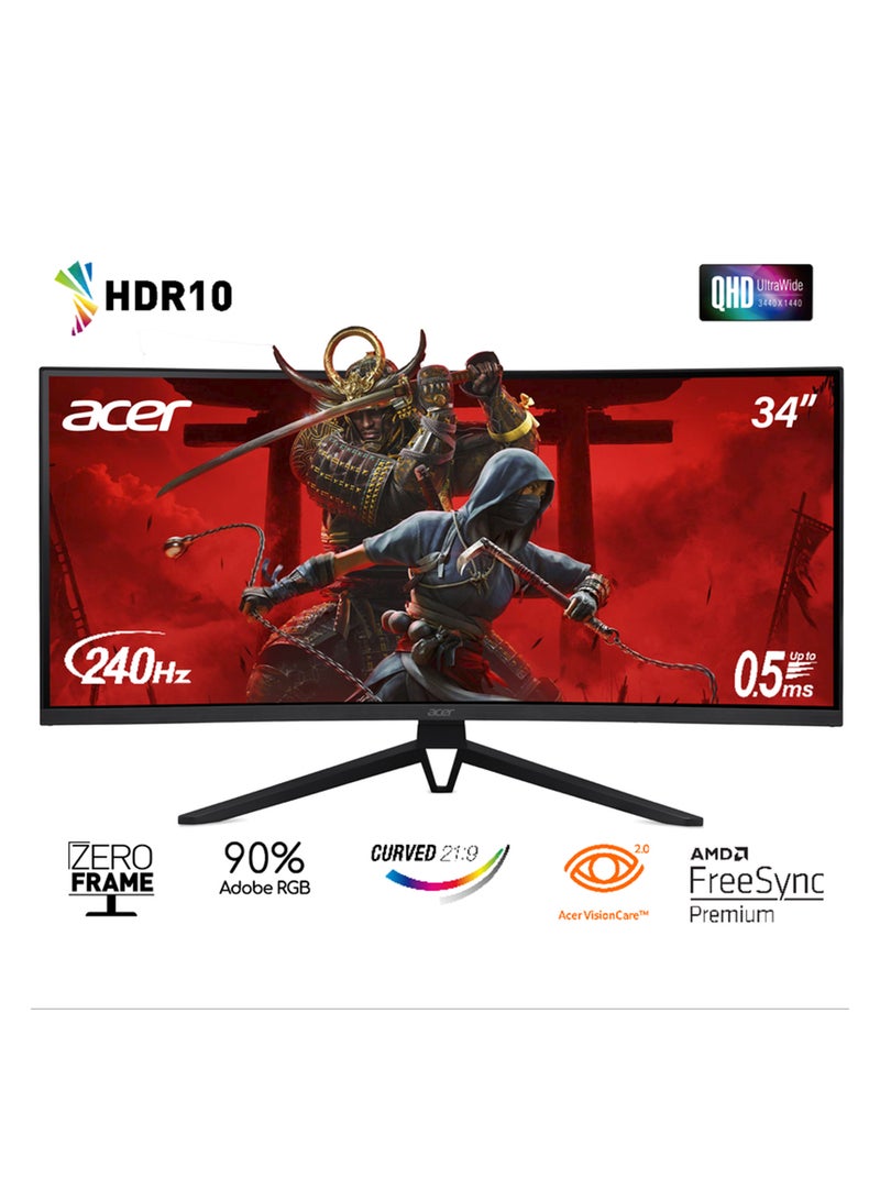 Acer 34-inch 4k (3440 x 1440) IPS 240Hz Curved Gaming Monitor | 0.5ms Response Time | 300 Nits Brightness | AMD FreeSync Premium Certified | 2 x HDMI 2.0, 2 x  DP, MM Audio out | 90% Adobe RGB Wide color gamut VA Pane| Acer Nitro ED343CUR Xbmiippx Monitor Black | 2 Years Manufacturer Warranty Black - Image 1